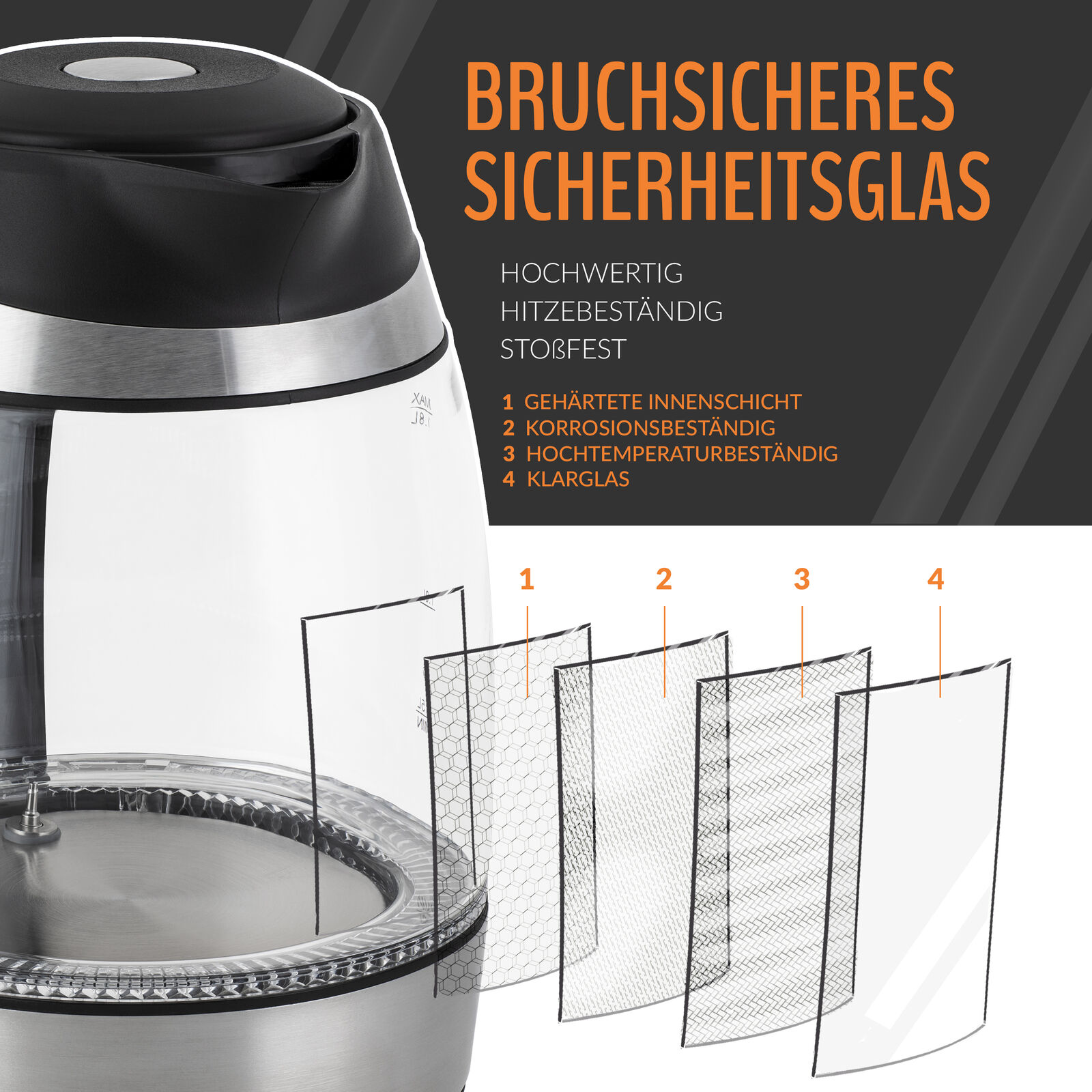 Glaswasserkocher Tresko 1,8 Liter Edelstahl 2200W Warmhaltefunktion – Bild 2