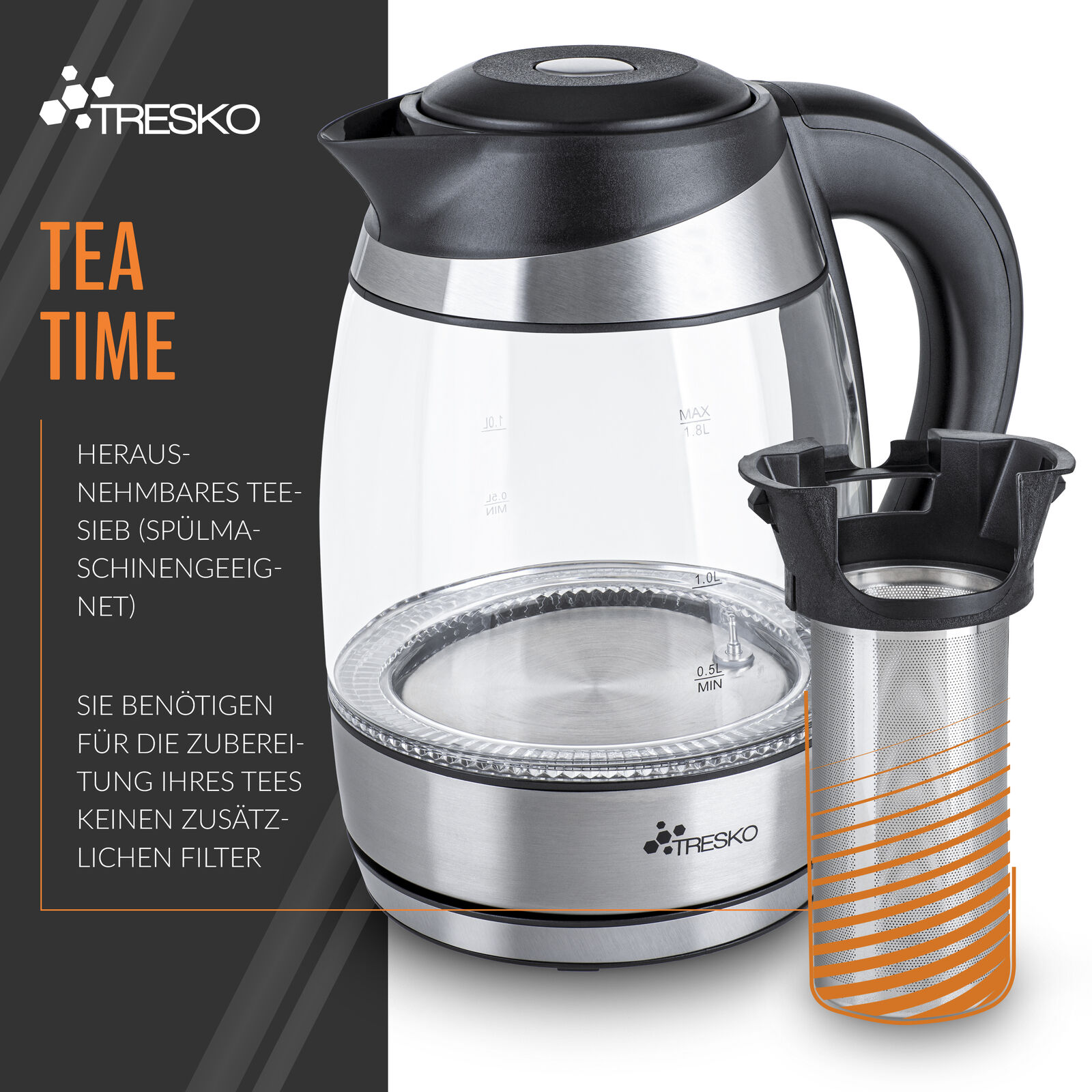 Glaswasserkocher Tresko 1,8 Liter Edelstahl 2200W Warmhaltefunktion – Bild 4