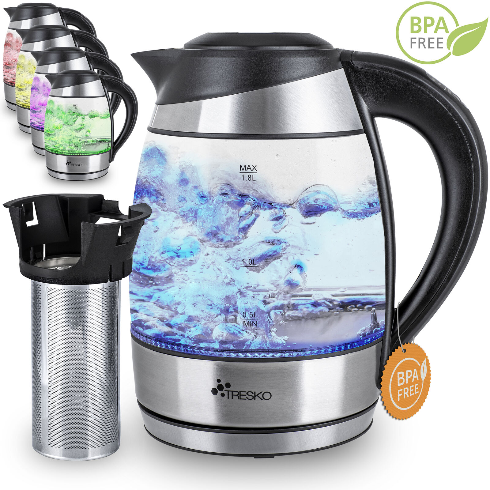 Glaswasserkocher Tresko 1,8 Liter Edelstahl 2200W Warmhaltefunktion